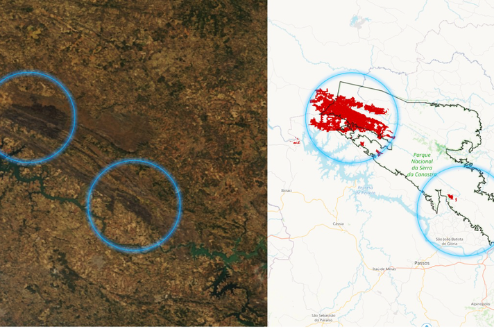 Comparação da área queimada, vista por satélite, do Parque da Serra da Canastra com a área prevista pelo modelo de espalhamento do fogo