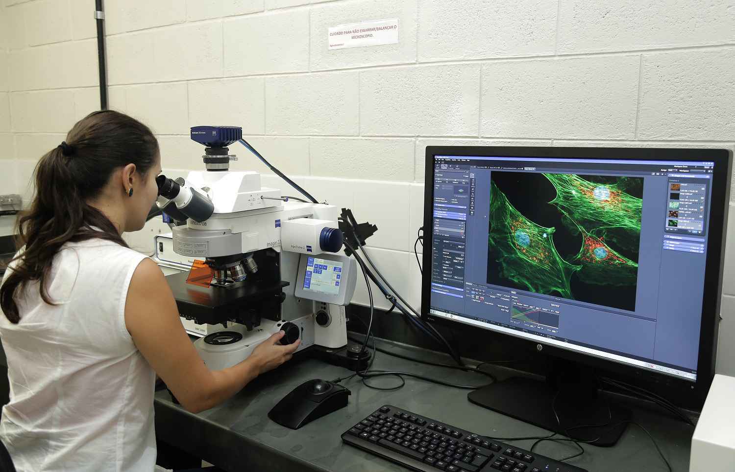 Pesquisadora utiliza equipamentos do Centro de Microscopia da UFMG