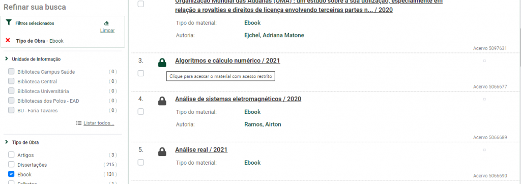 Resultados de busca por e-books no catálogo on-line aparecem com ícone de um cadeado, no qual é necessário clicar para ter acesso ao conteúdo