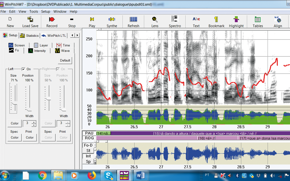 Tela do software WinPitch mostra o comportamento da fala em espectograma