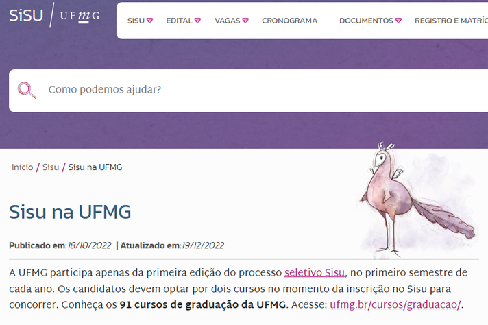 A primeira página do novo site Sisu UFMG, com texto e ilustração do personagem Ya-Ku