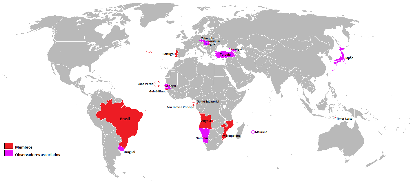 Mapa indica os membros e observadores associados da Comunidade dos Países de Língua Portuguesa