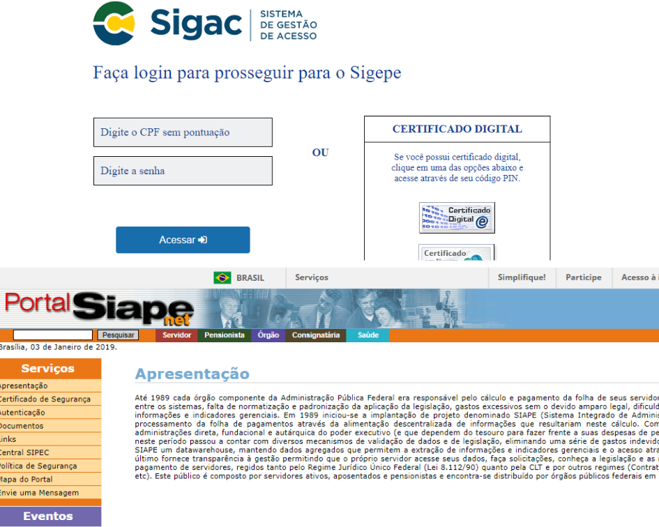 Homepage dos portais do Siape e Sigepe