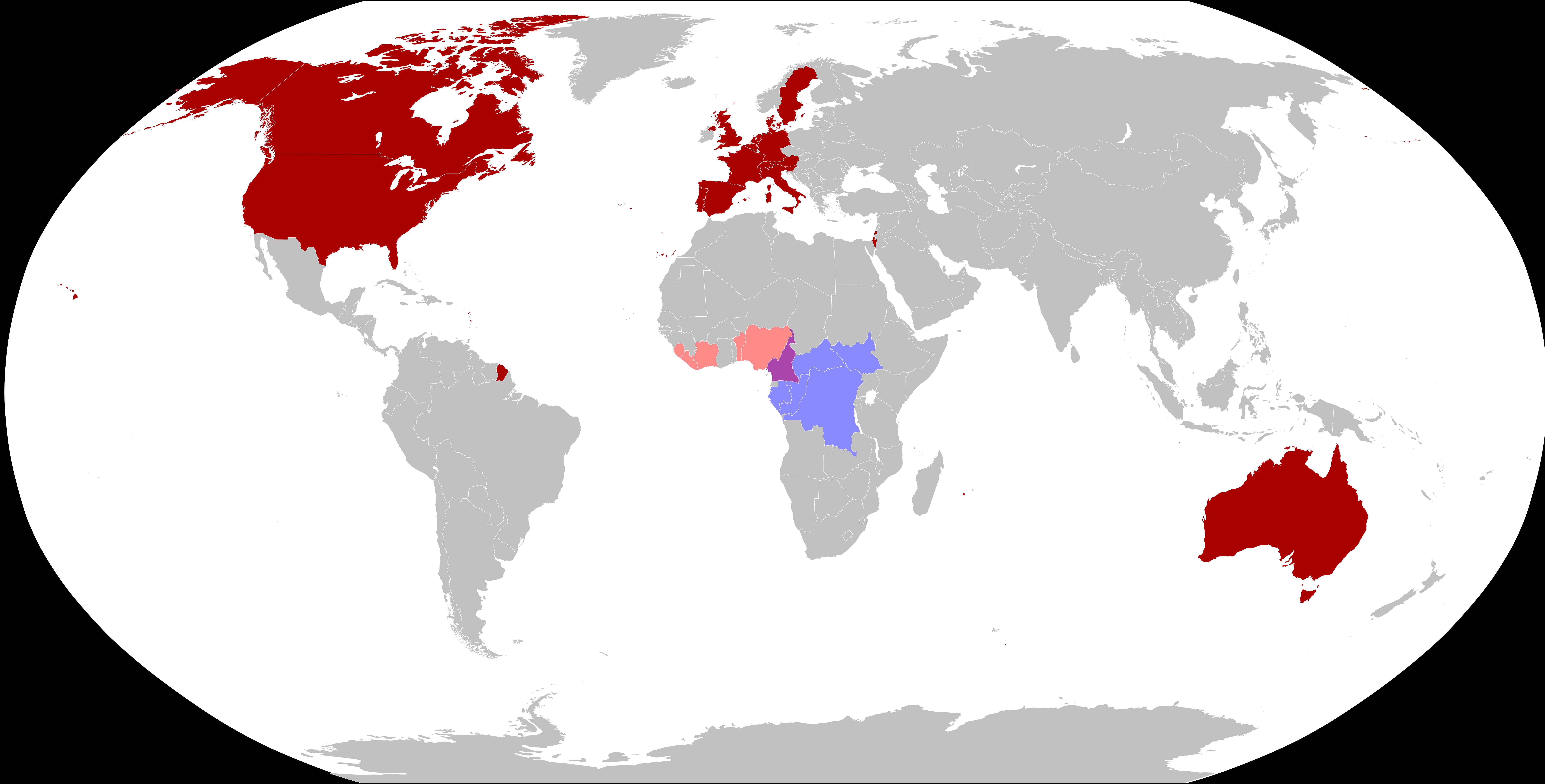 Em vermelho, no mapa, países onde a infecção já foi confirmada em 2022