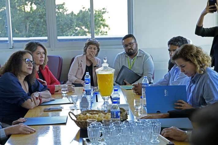 Ministra Luciana Santos (à esquerda, de azul) e Sandra Goulart (à direita) discutiram possibilidades de apoio à sustentabilidade do CNVacinas