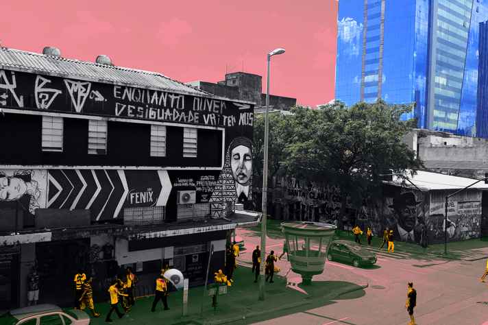 Intervenção artística sobreposta em foto de rua no “baixo centro”, que integra a exposição Territórios populares em cartaz no Centro Cultural