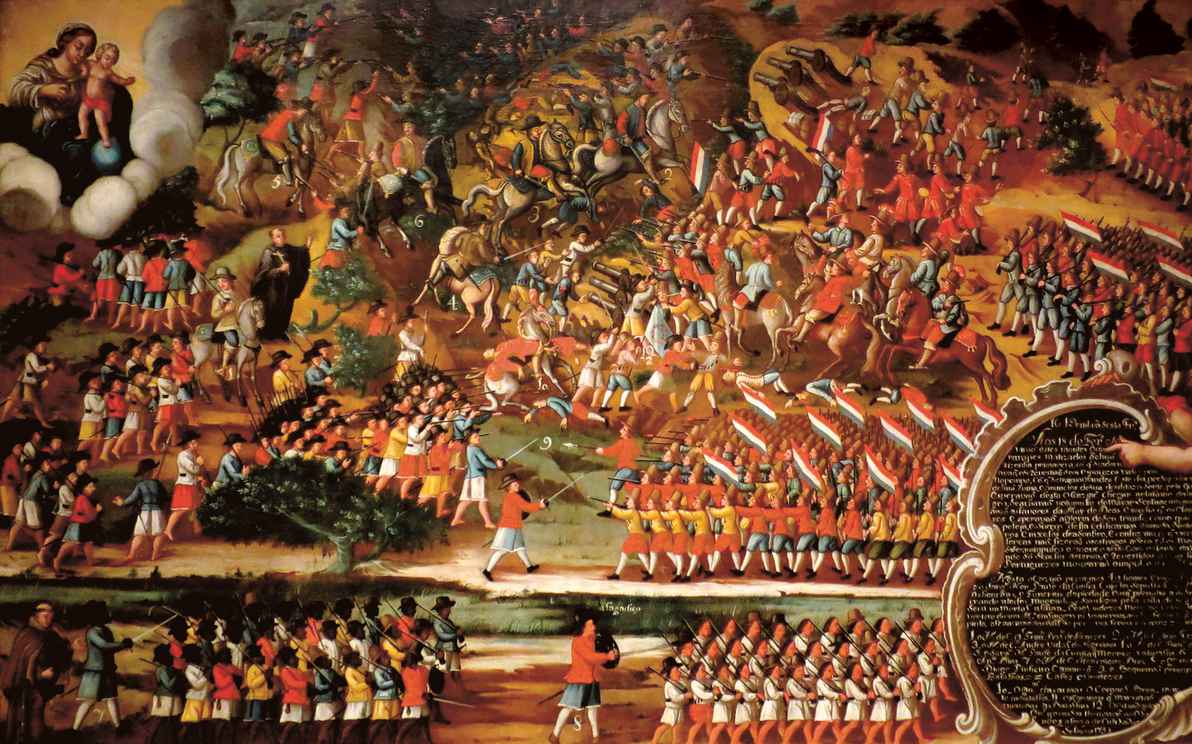 Batalha dos Guararapes, óleo sobre tela de autor desconhecido, retrata as lutas que resultaram na expulsão dos holandeses do Brasil em meados do século 17