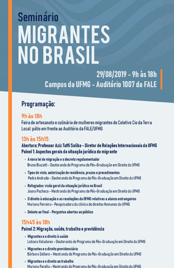 Programação do seminário Migrantes no Brasil
