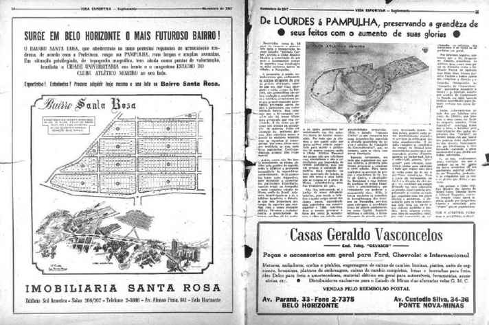 Edição da revista Minas Esportiva, de novembro de 1947, trazia anúncio de loteamento no bairro Santa Rosa e noticiava a construção de um novo complexo esportivo do Atlético Mineiro