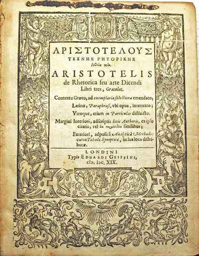 Capa da primeira edição de 'Retórica', de Aristóteles, na Inglaterra