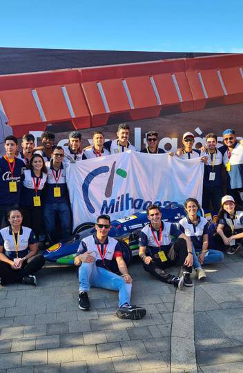 Team members gathered at the Shell Eco-Marathon competition in Rio de Janeiro