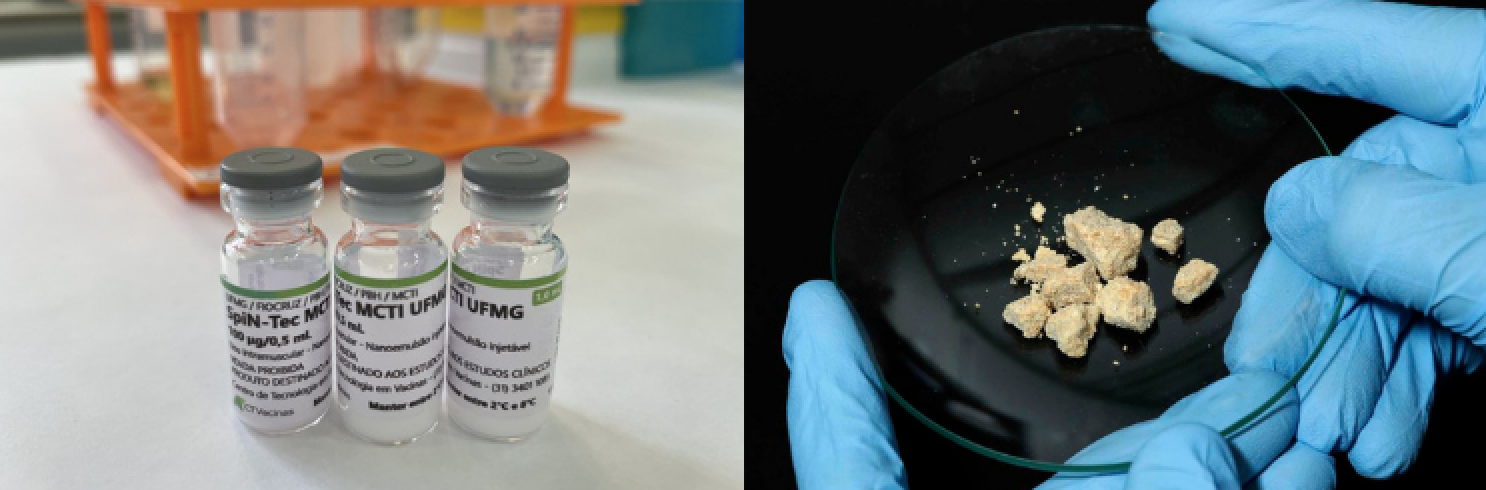 À esquerda, frascos da SpiN-TEC e, à direita, pasta base de cocaína usada nos testes de desenvolvimento da vacina anticocaína