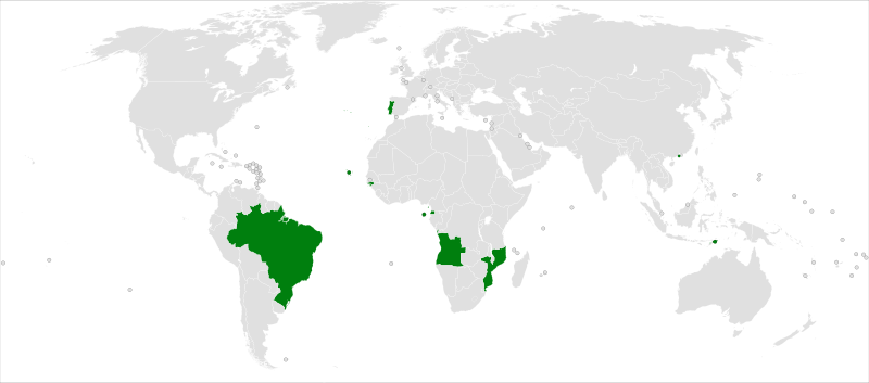 Em verde no mapa-múndi, os países de língua portuguesa