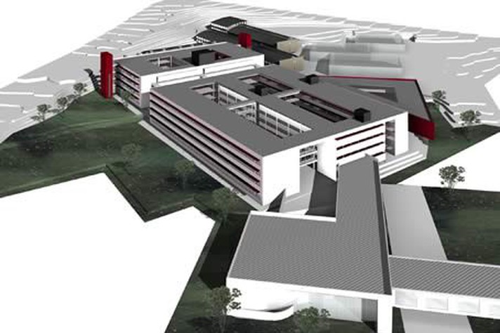 Imagem em visualização 3D da Escola de Engenharia no campus Pampulha