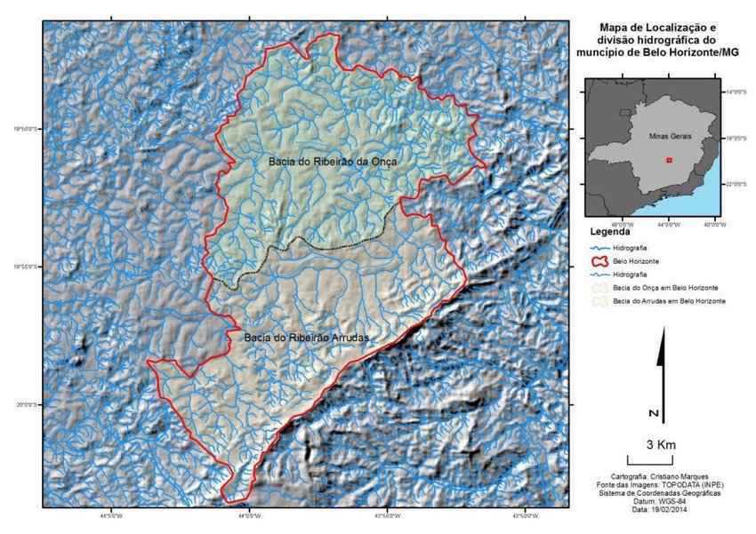 Localização hidrográfica de BH: projeto abrange sub-bacias do Onça e do Arrudas