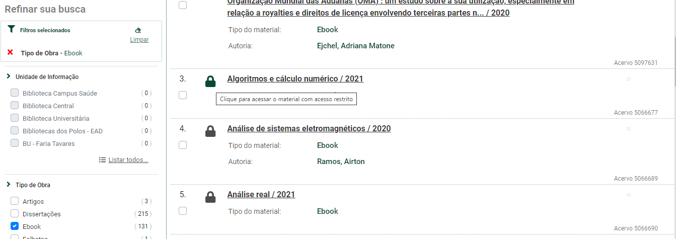 Resultados de busca por e-books no catálogo on-line aparecem com o ícone de um cadeado, no qual é necessário clicar para ter acesso ao conteúdo
