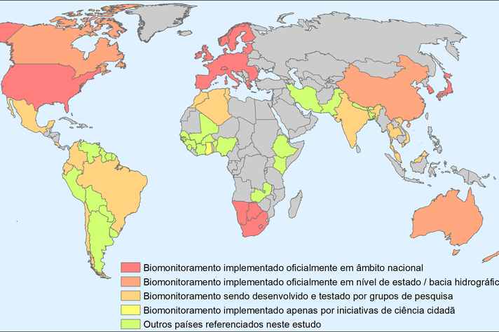 Mapa representa os 82 países do mundo que integram estudo sobre avaliação biológica dos rios