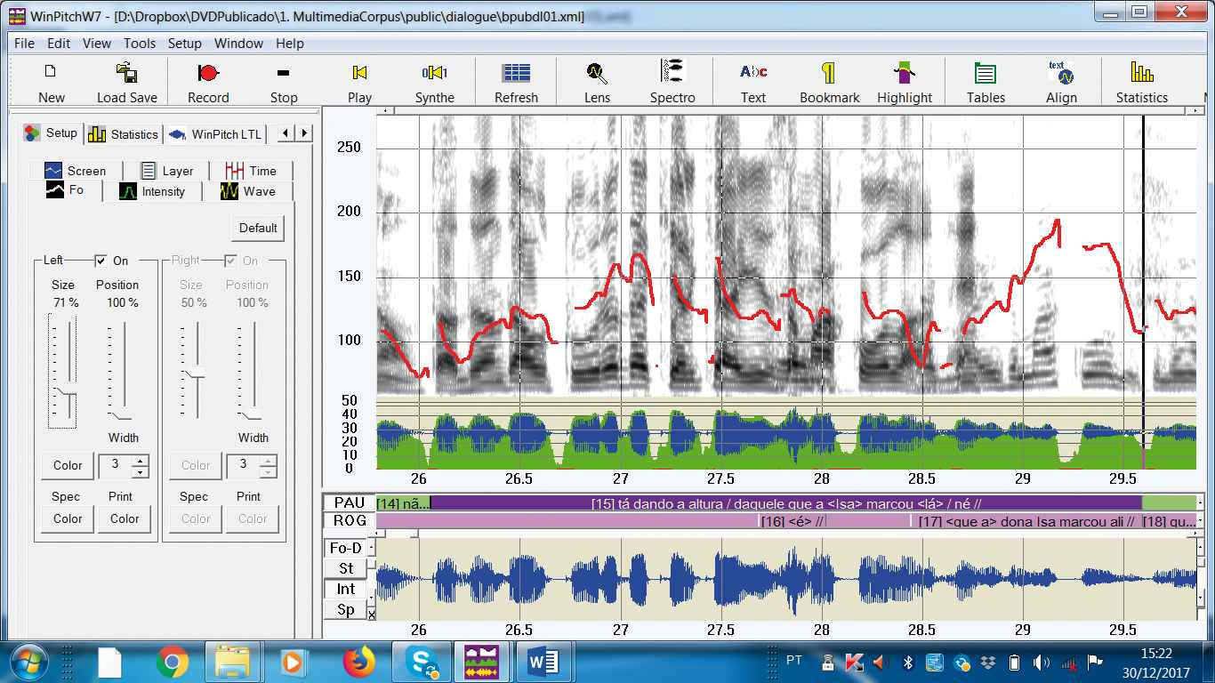 Tela do software WinPitch mostra o comportamento da fala em espectrograma