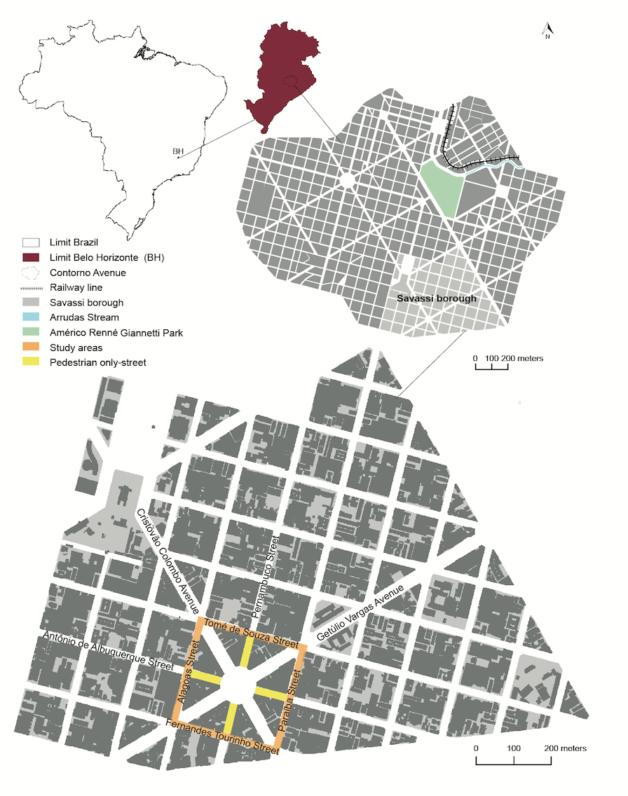 Mapa mostra as quatro ruas de Belo Horizonte que foram consideradas no estudo