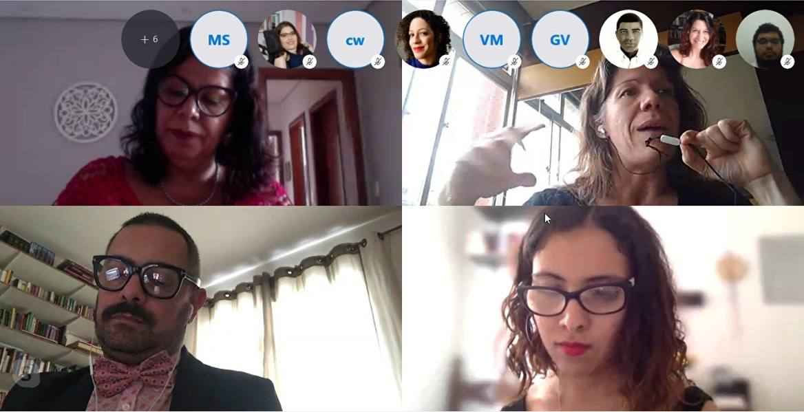 Mariana Cecilia, no canto inferior, a direita, defende seu mestrado via Skype