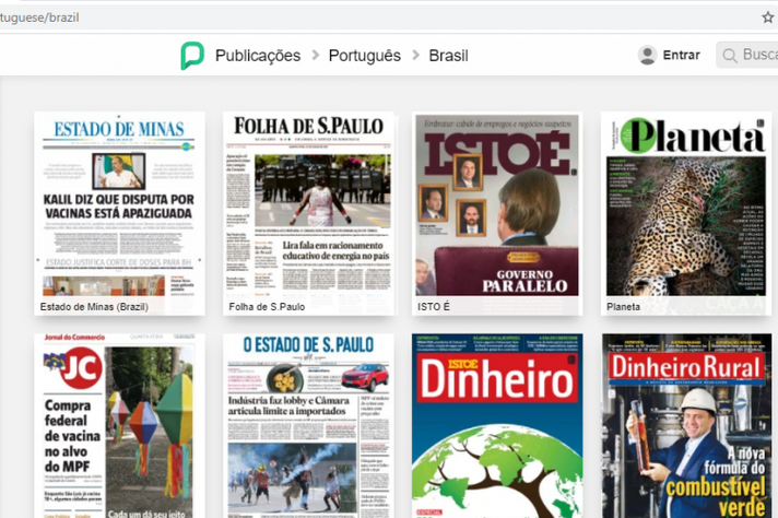 Tela inicial da plataforma PressReader, que dá acesso a mais de 7 mil jornais e revistas, em mais de 60 idiomas