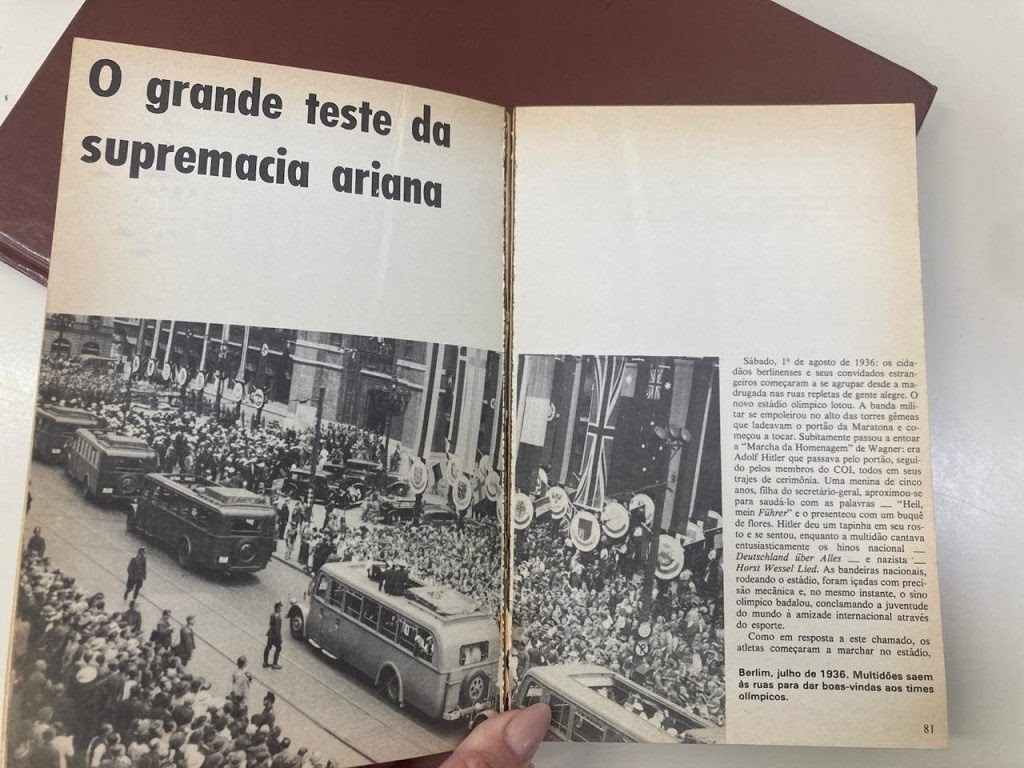 No livro ‘Olimpíada-1936: glória do Reich de Hitler’, registro das boas-vindas aos times olímpicos em Berlim.