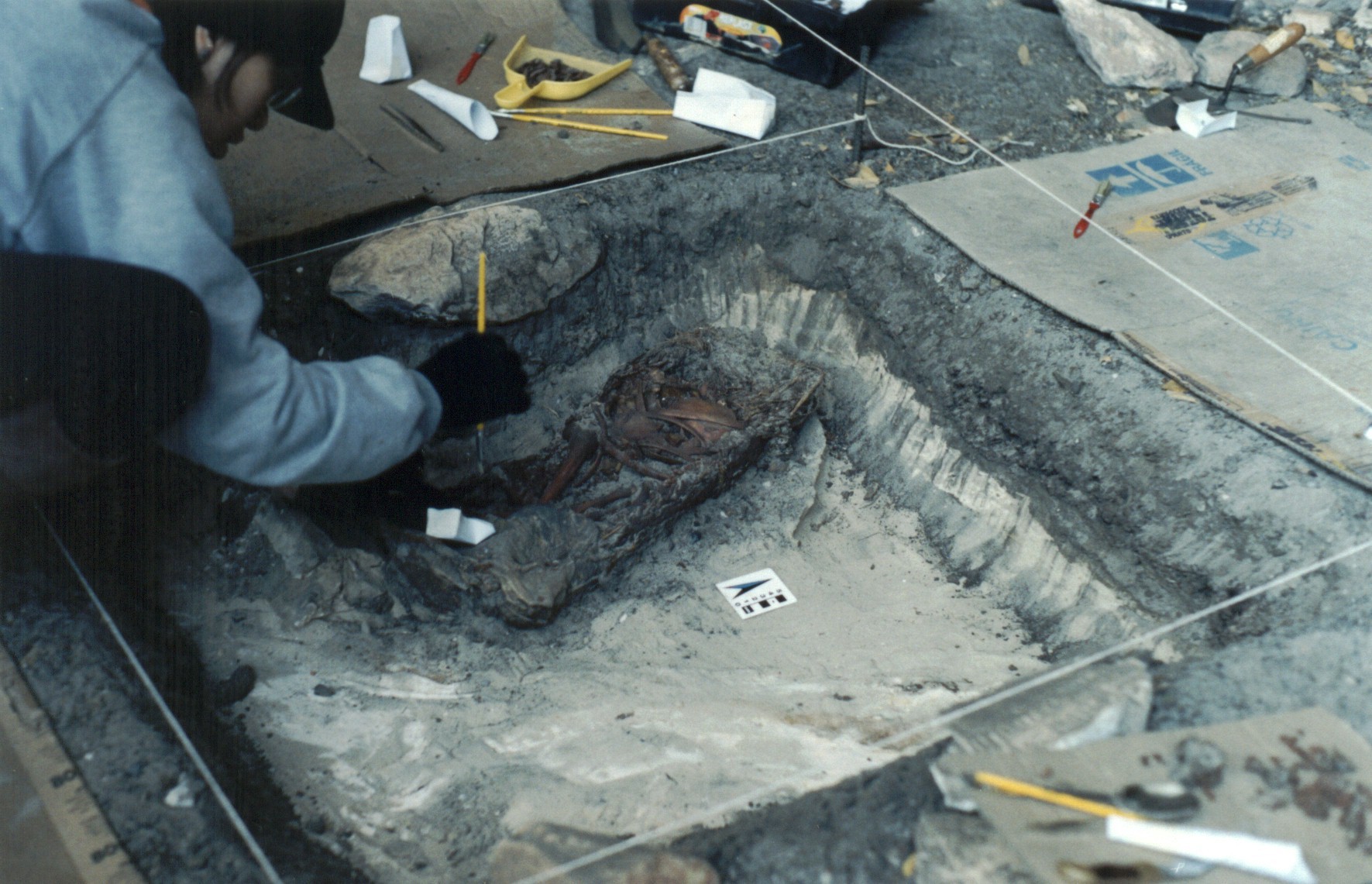 Escavação onde foi encontrado o estojo de casca de árvore com os ossos da criança
