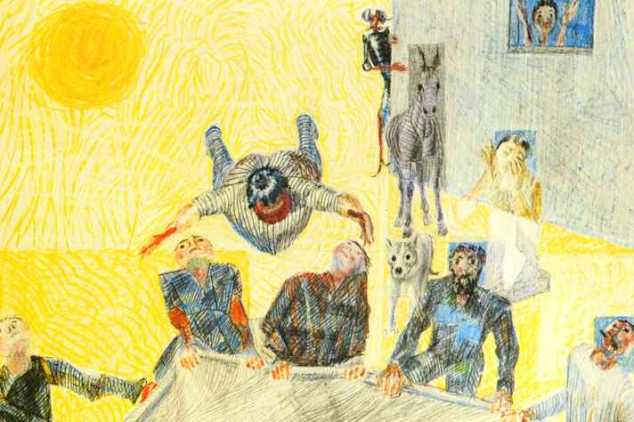 Obras de Portinari inspiradas no livro de Cervantes; à direita, desenho do artista “ilustrado” pelo poema Sagração, de Drummond