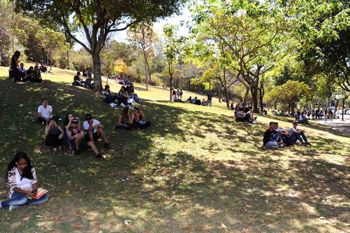 Estudantes em área verde do campus Pampulha