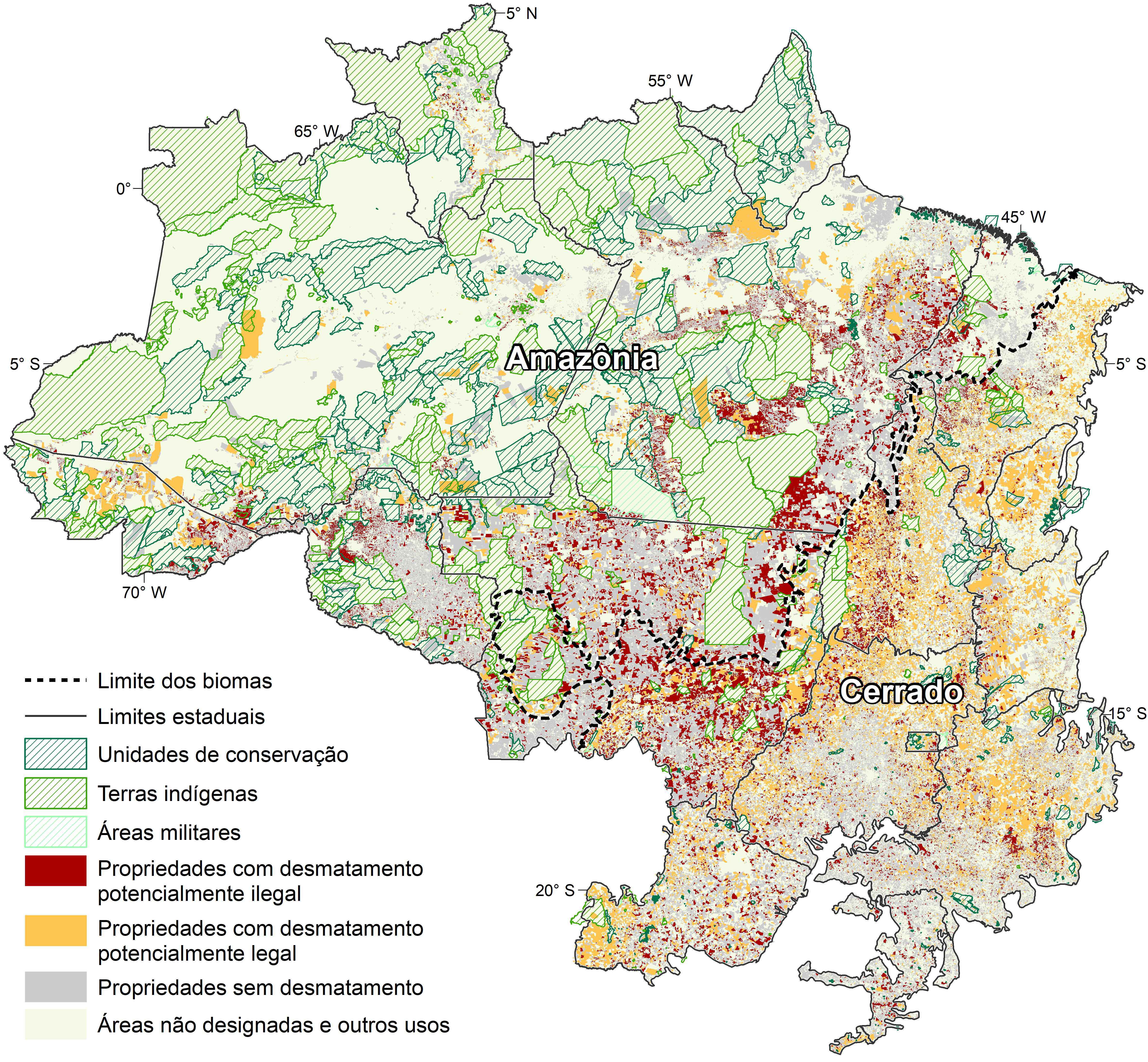 Representação das propriedades e situação do desmatamento